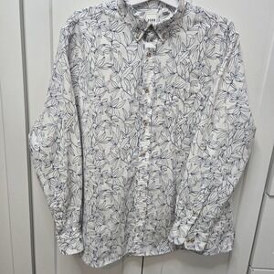 ROWM Men's Floral Button Up Shirt XL White Blue Leaf Print Cotton Casual